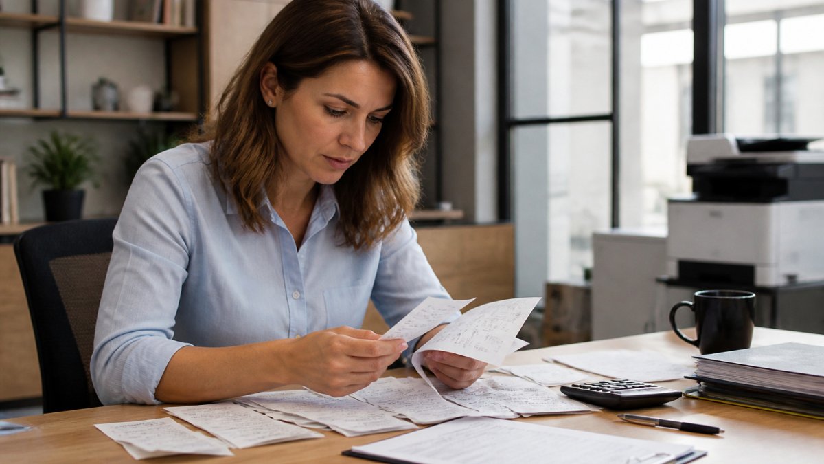 Small business owner reviewing receipts and a tax savings checklist at a bright office desk